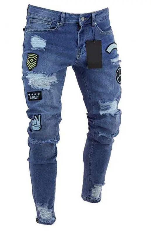 MENLL Knit Denim Jeans Men's Patchwork Distressed Slim Fit Jeans by MENLL