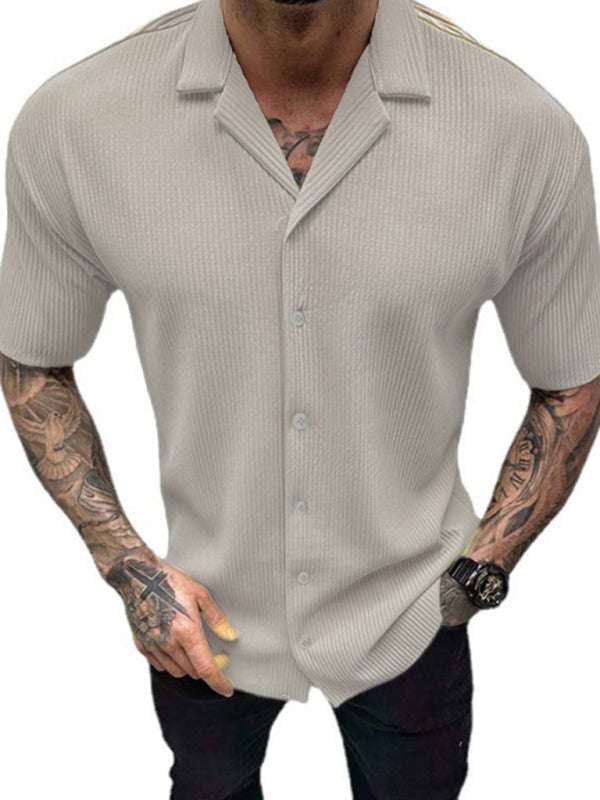 Men's woven polyester short-sleeve shirt, solid pattern, spring-summer style, no back pocket.
