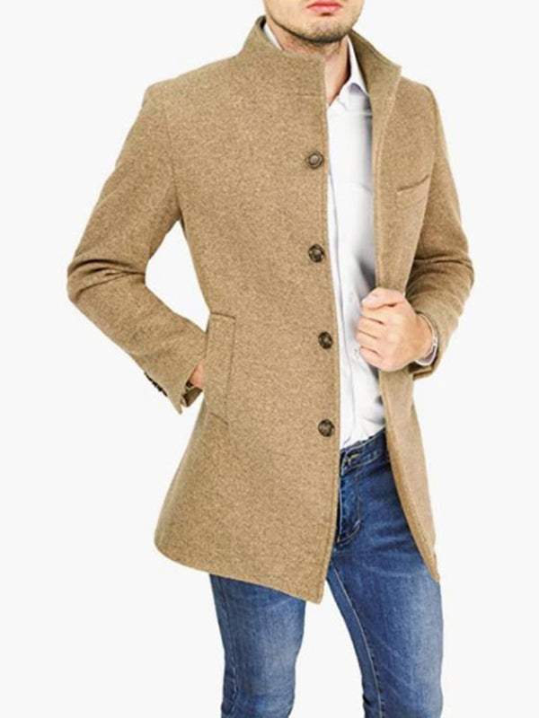 Men's slim woolen coat with stand collar, leisure style, self-design pattern.