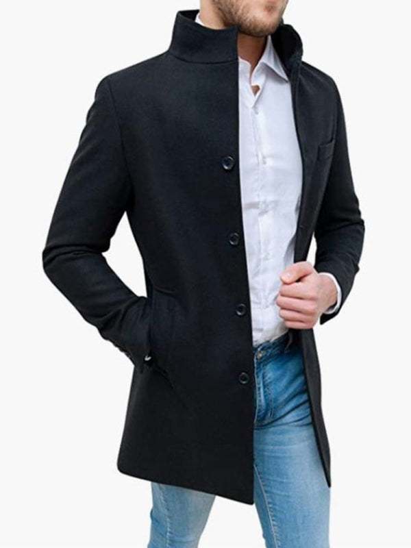 Sleek Stand Collar Men's Slim Fit Wool Blend Coat for Effortless Style
