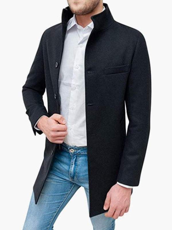 Sleek Stand Collar Men's Slim Fit Wool Blend Coat for Effortless Style