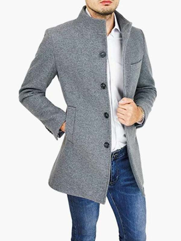 Sleek Stand Collar Men's Slim Fit Wool Blend Coat for Effortless Style