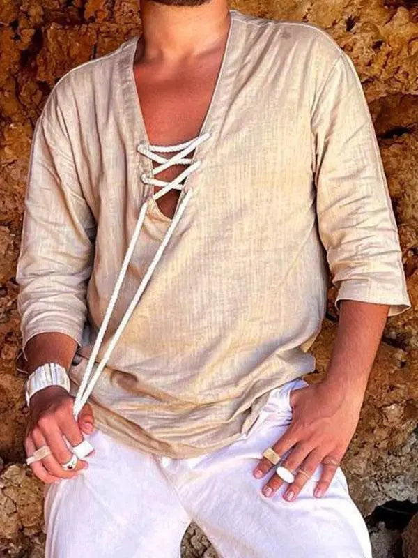 Stylish Men's Casual V-Neck Shirt with Three-Quarter Sleeves β Perfect for Effortless Elegance! - MENLL