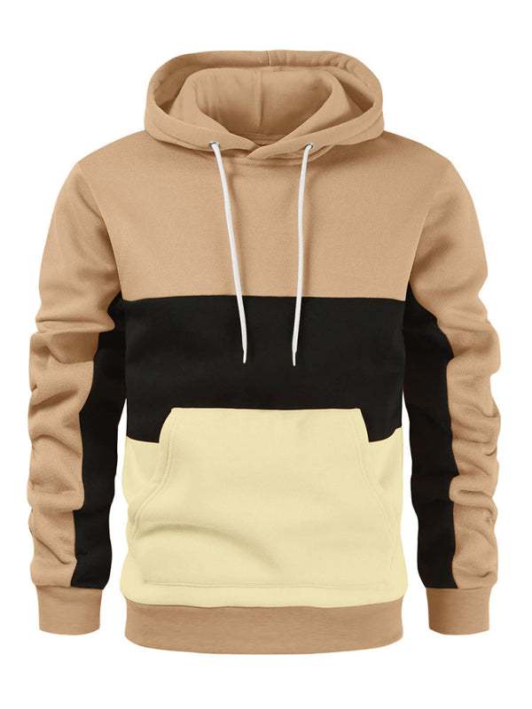 Men's color block hoodie sweatshirt with long sleeves and hood in beige, black, and cream.