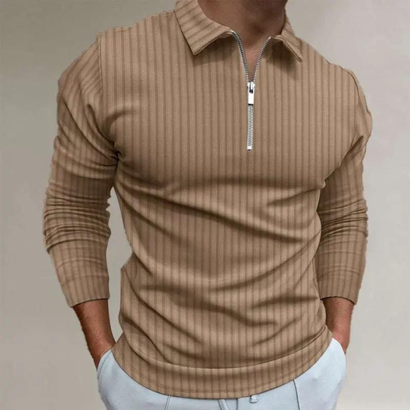Men's solid color zipper striped long-sleeved polo shirt with lapel collar, polyester fabric.