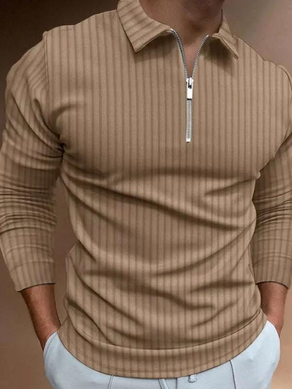 Chic Men's Zippered Striped Long-Sleeve Polo Shirt - Effortless Style for Every Occasion - MENLL