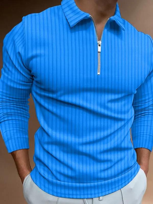 Chic Men's Zippered Striped Long-Sleeve Polo Shirt - Effortless Style for Every Occasion - MENLL