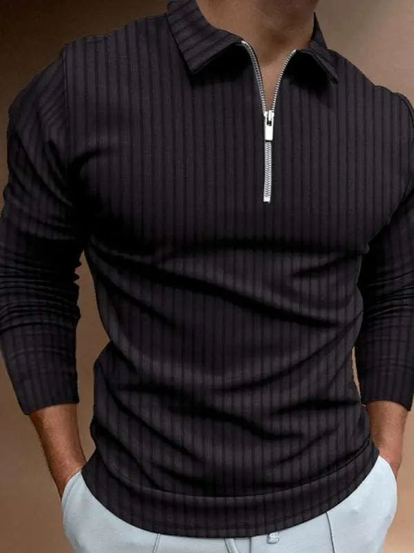 Chic Men's Zippered Striped Long-Sleeve Polo Shirt - Effortless Style for Every Occasion - MENLL