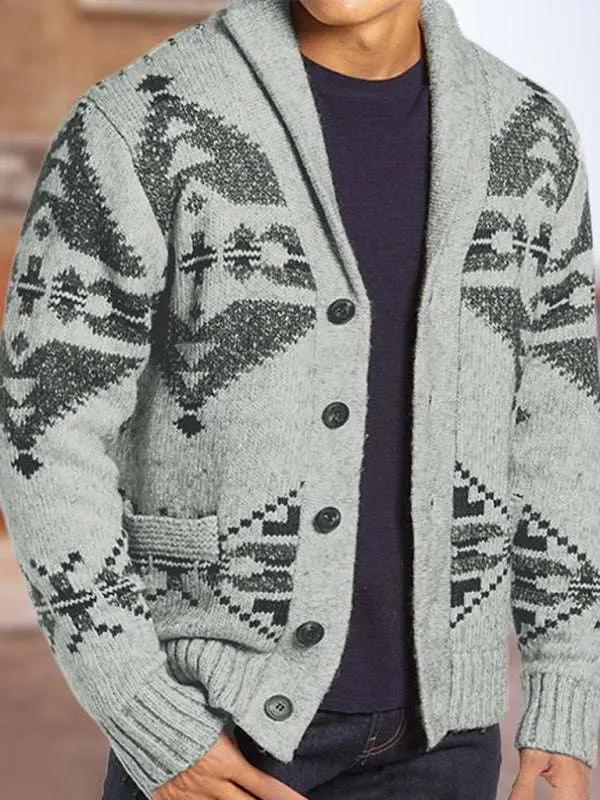Festive Folk-Patterned Knit Cardigan for Men - MENLL
