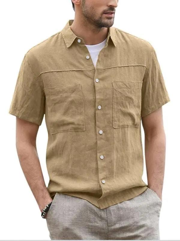 Men's summer button-down shirt in lightweight cotton linen, short-sleeve with wide collar and pockets.