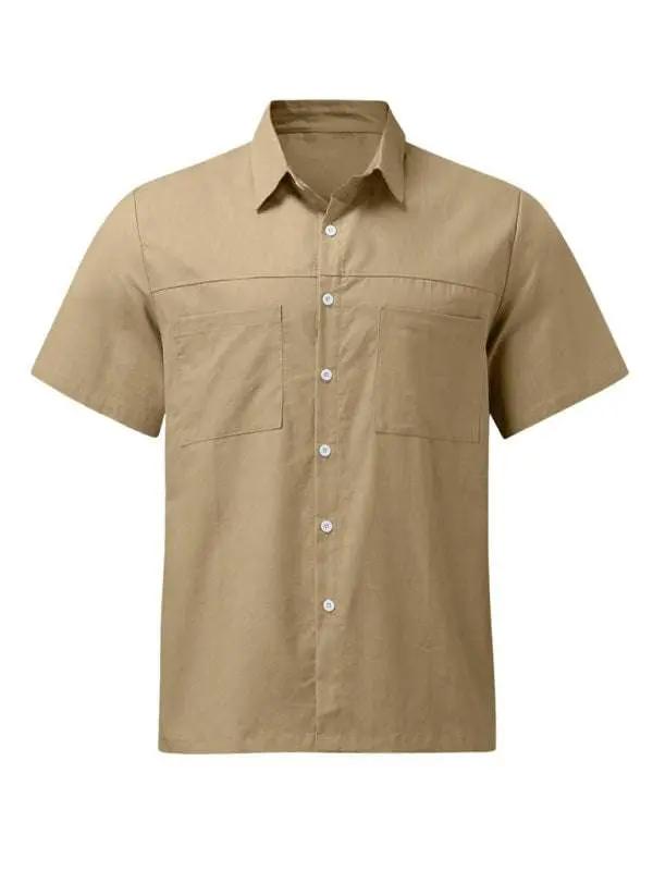 Stylish Men's Summer Button Down Shirt - Lightweight Cotton Linen Short Sleeve with Pocket and Wide Collar - MENLL
