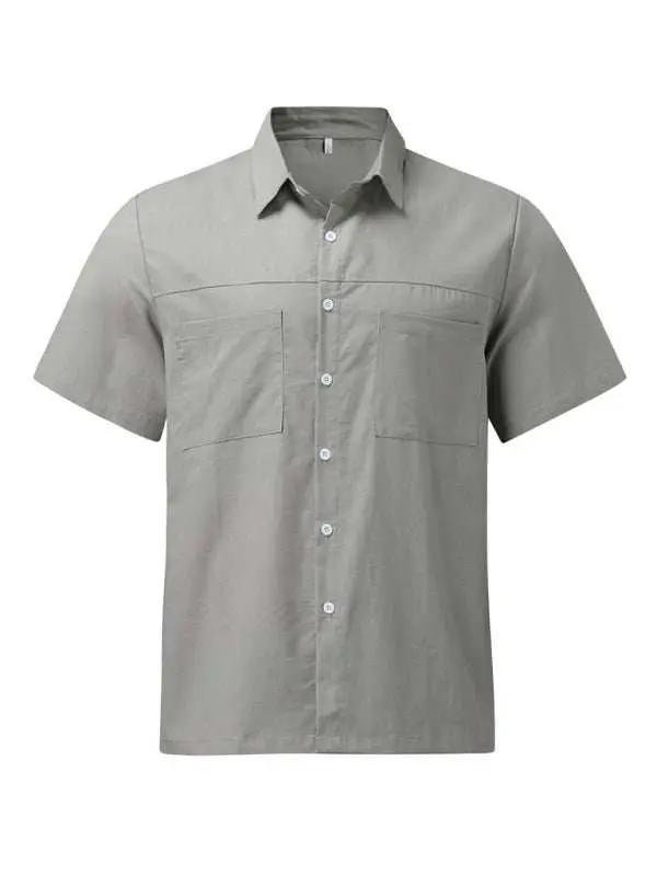 Stylish Men's Summer Button Down Shirt - Lightweight Cotton Linen Short Sleeve with Pocket and Wide Collar - MENLL