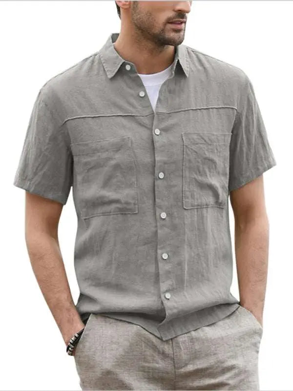 Stylish Men's Summer Button Down Shirt - Lightweight Cotton Linen Short Sleeve with Pocket and Wide Collar - MENLL