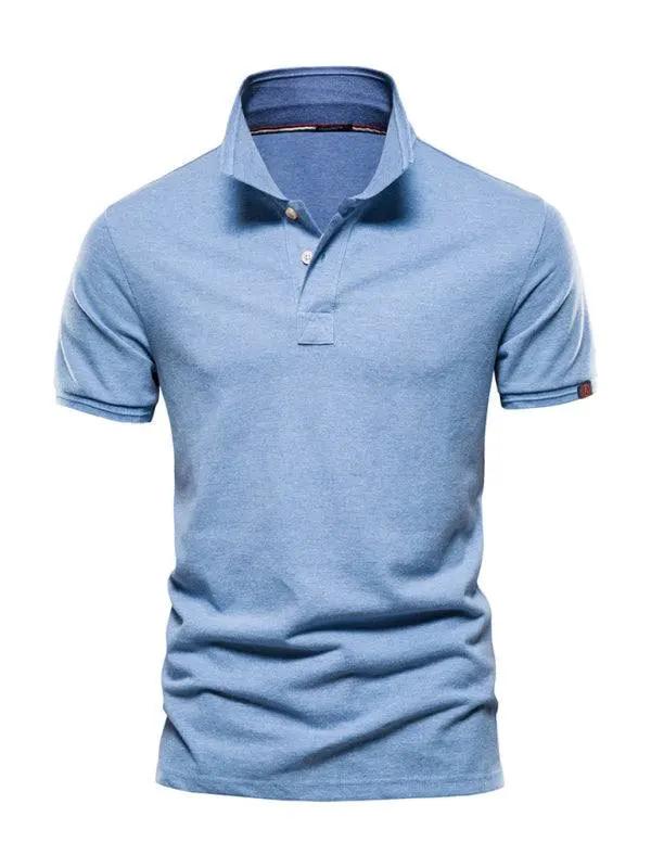 Men's premium cotton lapel polo shirt in blue, short-sleeved, ideal for casual and light business occasions.