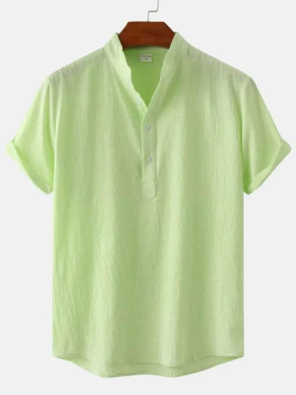 Stylish Men's Cotton-Linen Stand Collar Short Sleeve Beach Shirt for Effortless Summer Vibes - MENLL