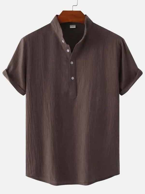 Stylish Men's Cotton-Linen Stand Collar Short Sleeve Beach Shirt for Effortless Summer Vibes - MENLL