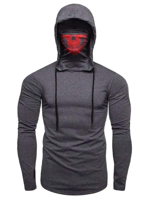 Men’s skull print hooded pullover T-shirt, long-sleeved cycling top with elastic mask, stylish all-season fitness wear.