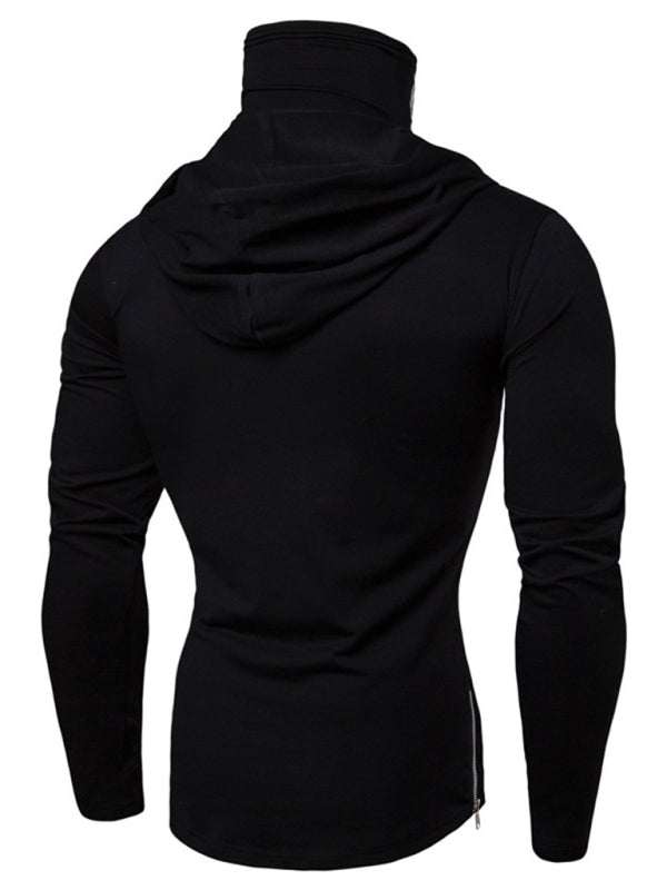 Skull Print Hooded Pullover T-Shirt for Men - Stylish Long-Sleeved Cycling Top with Elastic Mask for All-Season Fitness - MENLL