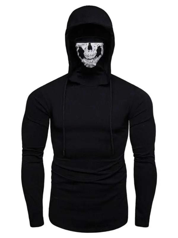 Skull Print Hooded Pullover T-Shirt for Men - Stylish Long-Sleeved Cycling Top with Elastic Mask for All-Season Fitness - MENLL