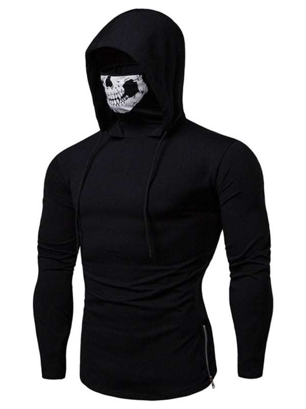 Skull Print Hooded Pullover T-Shirt for Men - Stylish Long-Sleeved Cycling Top with Elastic Mask for All-Season Fitness - MENLL