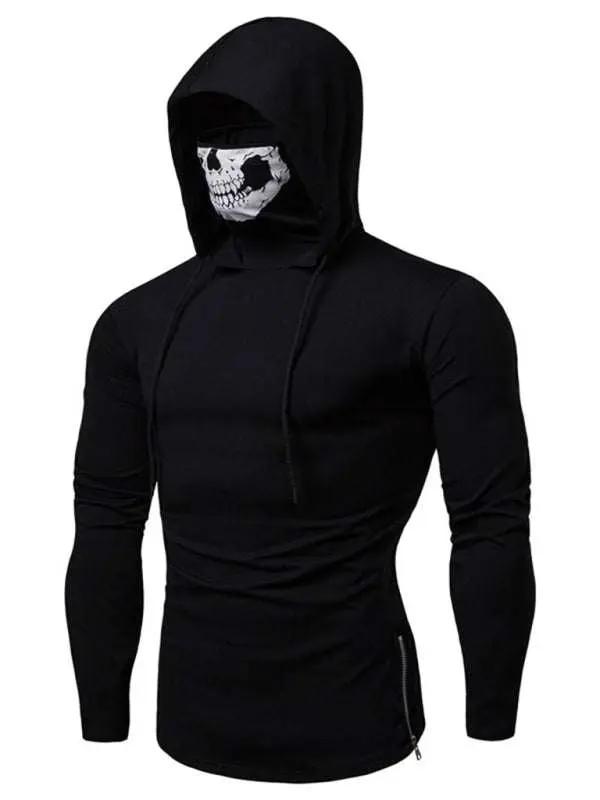 Skull Print Hooded Pullover T-Shirt for Men - Stylish Long-Sleeved Cycling Top with Elastic Mask for All-Season Fitness - MENLL
