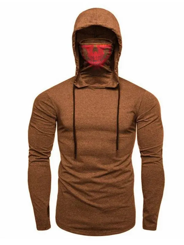 Skull Print Hooded Pullover T-Shirt for Men - Stylish Long-Sleeved Cycling Top with Elastic Mask for All-Season Fitness - MENLL