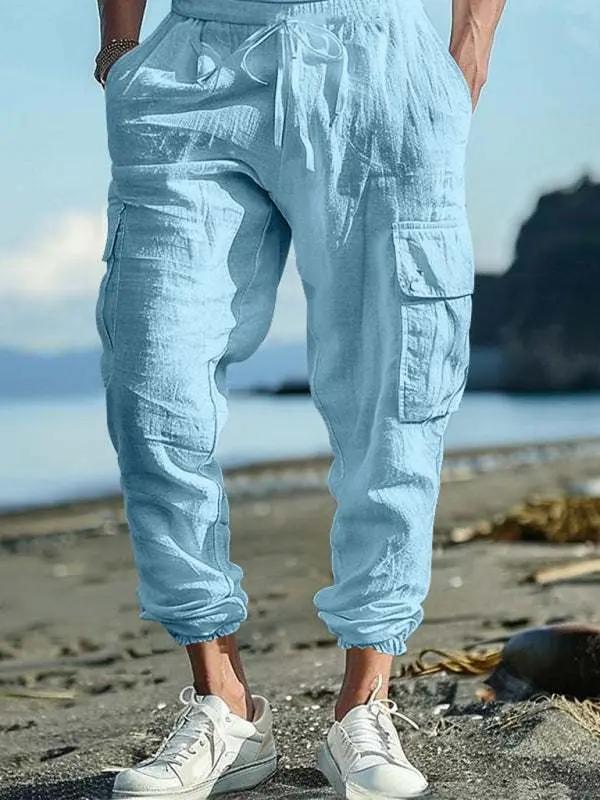 Relaxed Fit Solid Color Drawstring Trousers with Multi-Pocket Design and Casual Cuffs - MENLL
