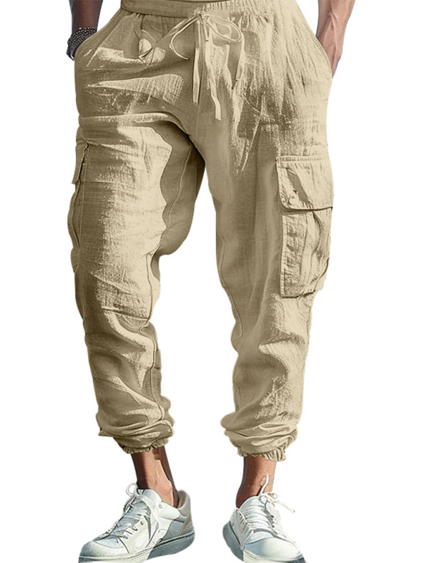 Relaxed Fit Solid Color Drawstring Trousers with Multi-Pocket Design and Casual Cuffs - MENLL