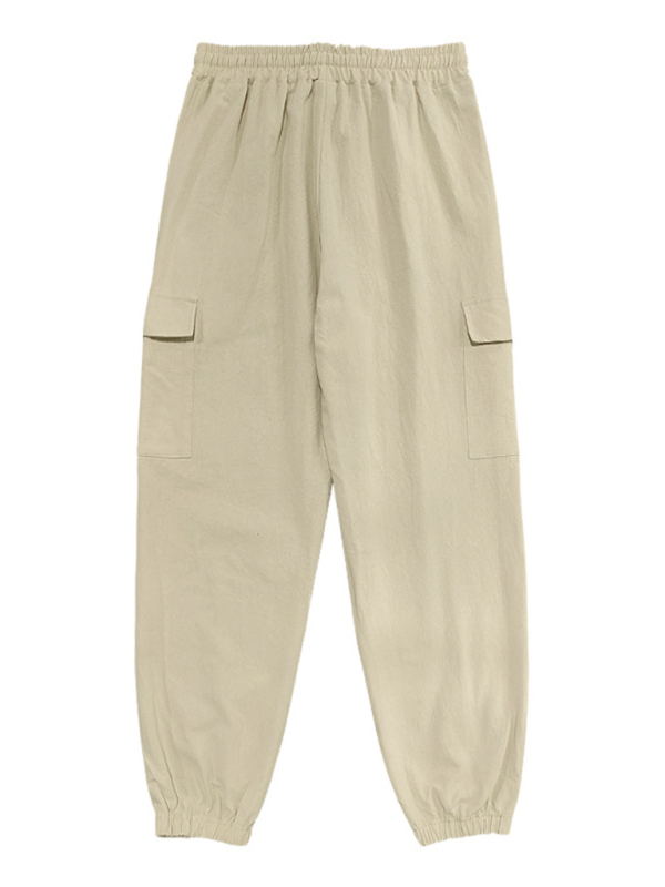Relaxed Fit Solid Color Drawstring Trousers with Multi-Pocket Design and Casual Cuffs - MENLL