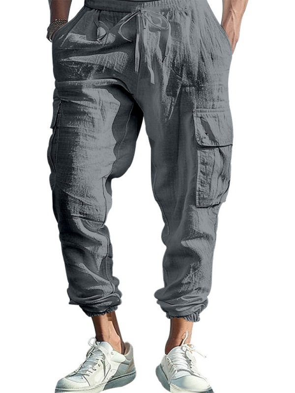 Relaxed Fit Solid Color Drawstring Trousers with Multi-Pocket Design and Casual Cuffs - MENLL