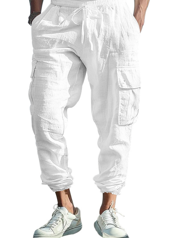 Relaxed Fit Solid Color Drawstring Trousers with Multi-Pocket Design and Casual Cuffs - MENLL