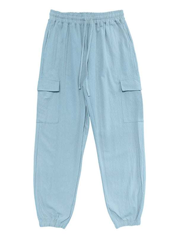 Relaxed Fit Solid Color Drawstring Trousers with Multi-Pocket Design and Casual Cuffs - MENLL