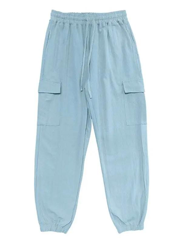 Relaxed Fit Solid Color Drawstring Trousers with Multi-Pocket Design and Casual Cuffs - MENLL