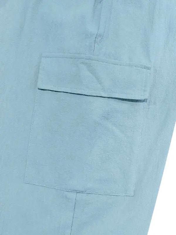 Relaxed Fit Solid Color Drawstring Trousers with Multi-Pocket Design and Casual Cuffs - MENLL