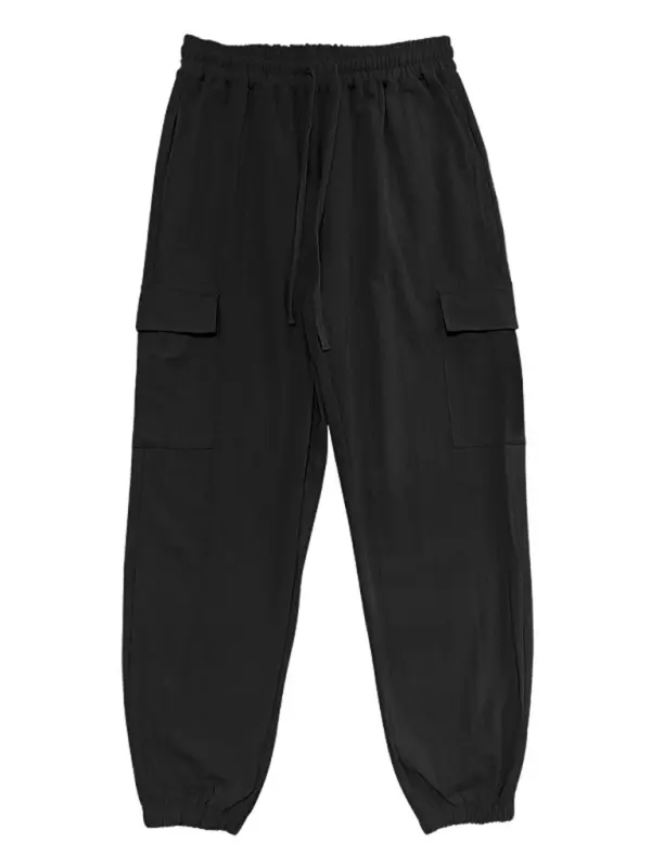 Relaxed Fit Solid Color Drawstring Trousers with Multi-Pocket Design and Casual Cuffs - MENLL