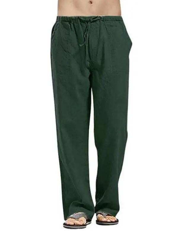 Men's all-season linen casual trousers in green, featuring slant pockets and drawstring waist for relaxed fit.