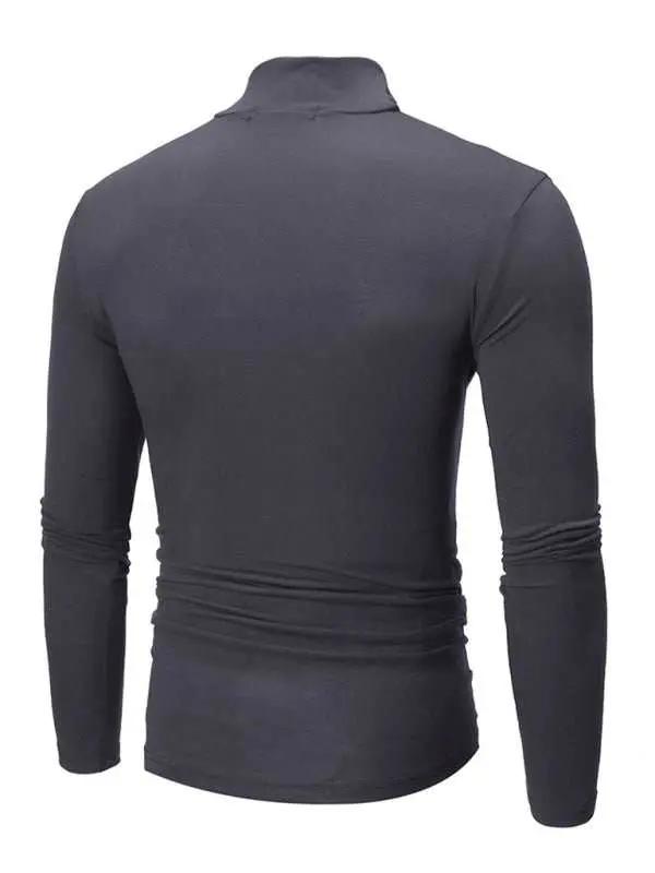 Men's Stylish Turtleneck Long Sleeve T-Shirt - Casual Solid Color Design for Comfort and Elegance - MENLL