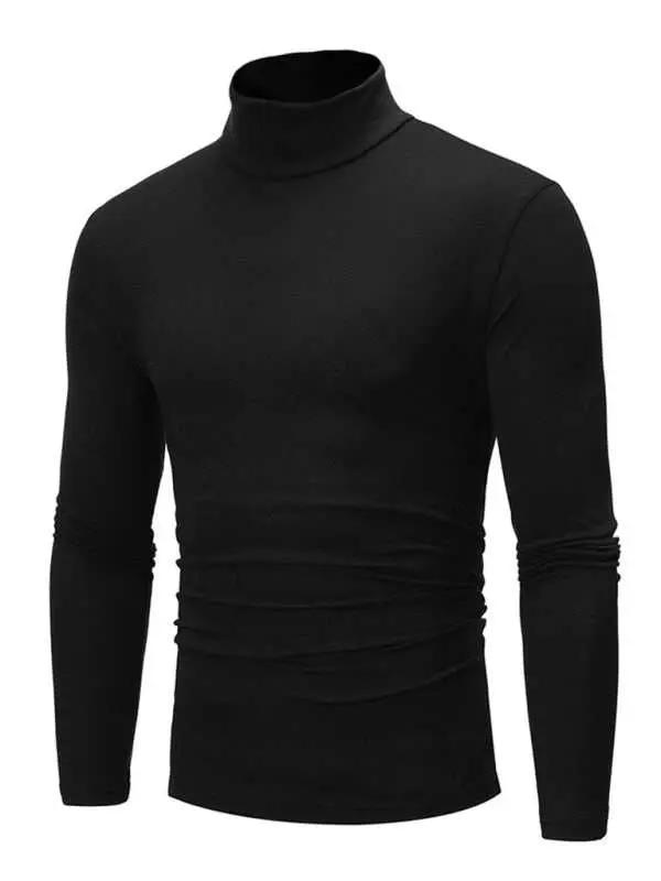 Men's Stylish Turtleneck Long Sleeve T-Shirt - Casual Solid Color Design for Comfort and Elegance - MENLL