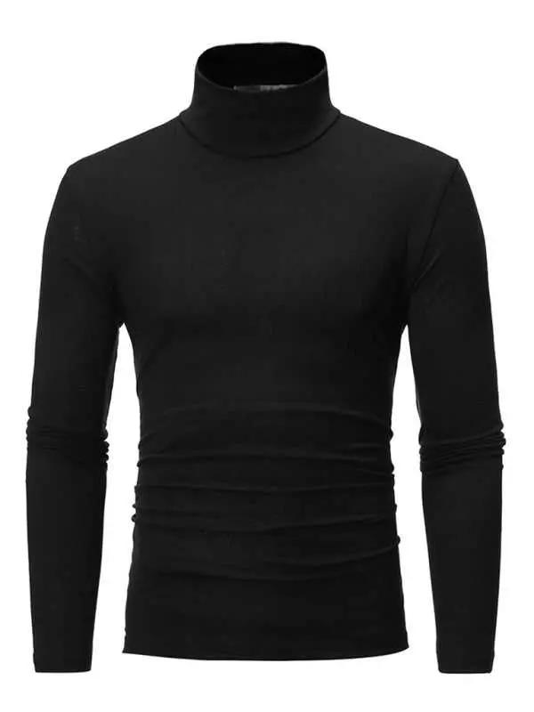 Men's Stylish Turtleneck Long Sleeve T-Shirt - Casual Solid Color Design for Comfort and Elegance - MENLL