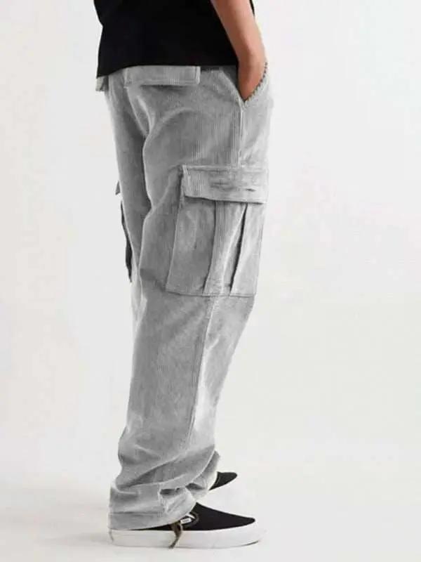 Corduroy multi-pocket straight-leg trousers for men in light grey, offering casual comfort and stylish functionality.