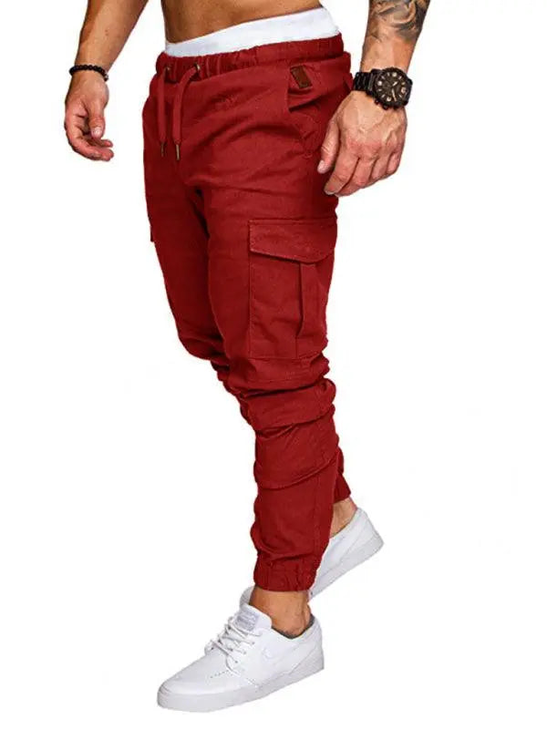 MENLL Beige Cargo Trousers Men's Casual Elastic Waist Baggy Fit Versatile by MENLL