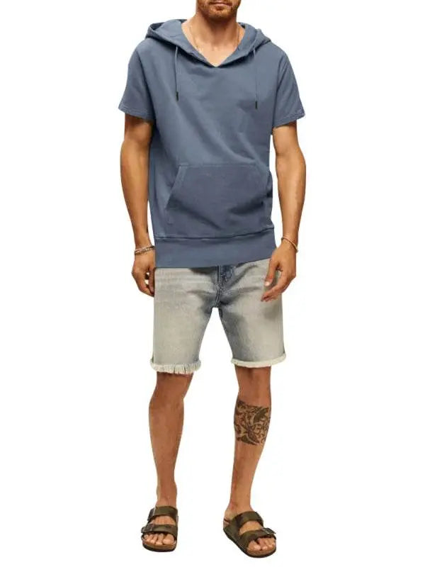 MENLL Hooded Knitted Tee Men's Casual Short Sleeve Top Versatile & Comfortable by MENLL