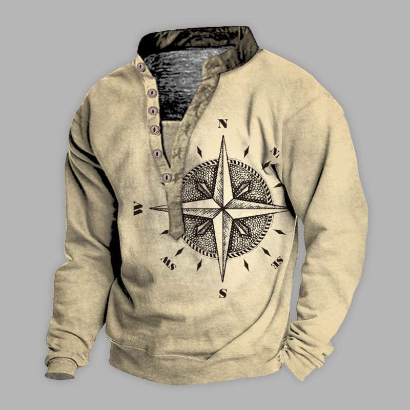 Men's stylish long sleeve tee with compass graphic design, soft polyester, perfect for spring-summer.