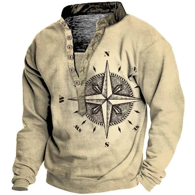 MENLL Compass Graphic Tee Casual Men's Long Sleeve Adventure Style Cotton Blend by MENLL