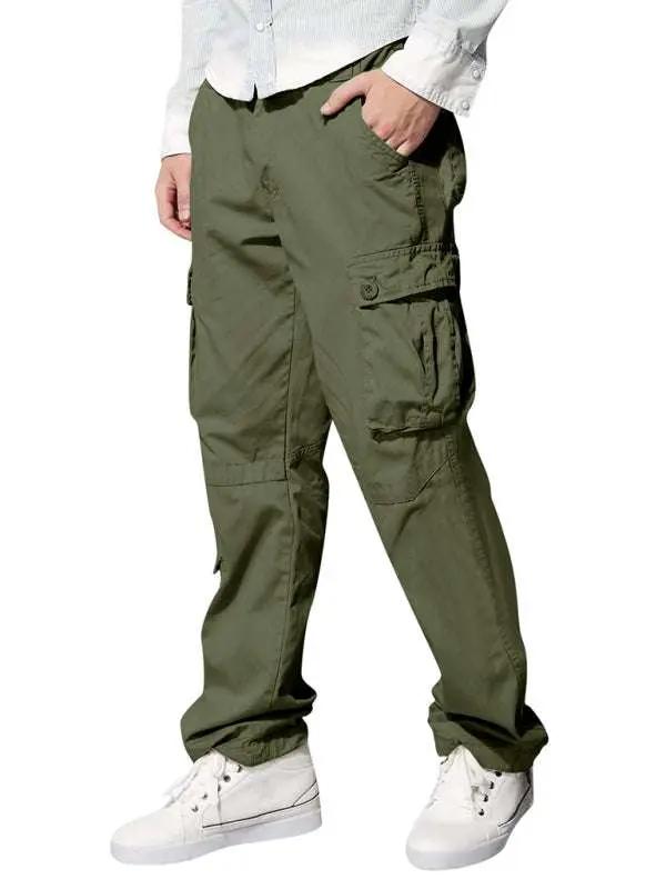 Men's versatile multi-pocket casual cargo pants in olive green, featuring a true-to-size fit, durable polyester-cotton blend, and lightweight design.