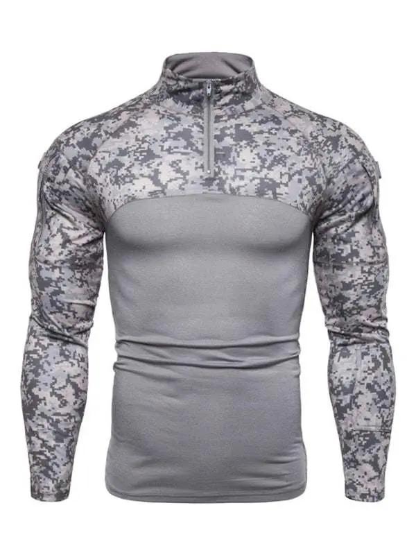 Men's Camouflage Long Sleeve Fitness T-Shirt with Zipper Pocket – Versatile Military-Style Performance Wear - MENLL