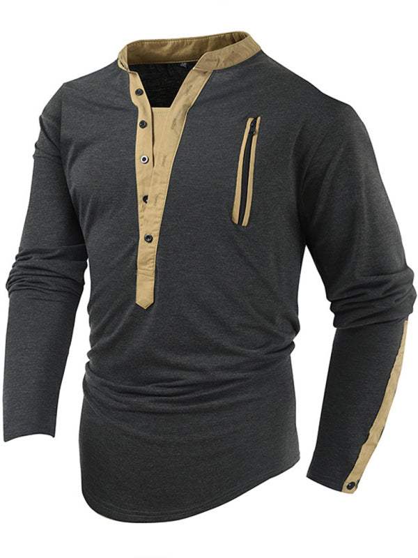 Men's Tactical Colorblock Henley Long Sleeve Tee - Versatile Outdoor Style with Zipper Detail - MENLL