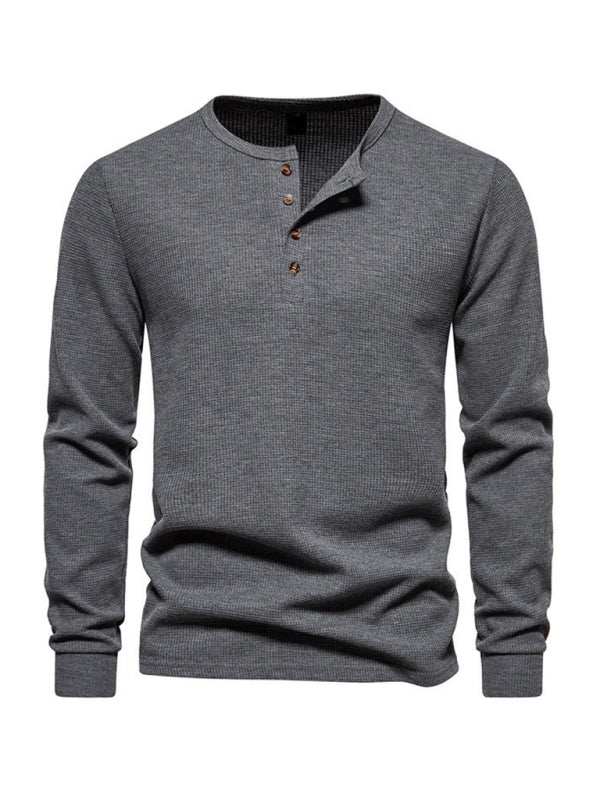 Stylish Men's Waffle Knit Long Sleeve Henley T-Shirt with Four Buttons - MENLL