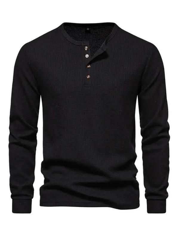 Stylish Men's Waffle Knit Long Sleeve Henley T-Shirt with Four Buttons - MENLL