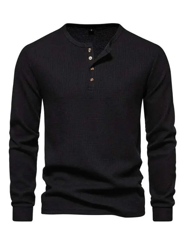 MENLL Waffle Knit Henley Men's Casual Long Sleeve Shirt Olive Green Four Button by MENLL